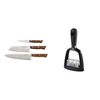SKÄRANDE/VARDAGEN set: 3-piece knife set + knife sharpener, stainless steel/walnut + black