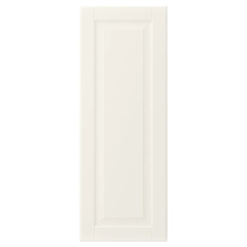 White BODBYN cabinet door with smooth, bevelled panels.