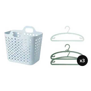 SLIBB set: flexible laundry basket + hanger x3, blue + green, 24 l
