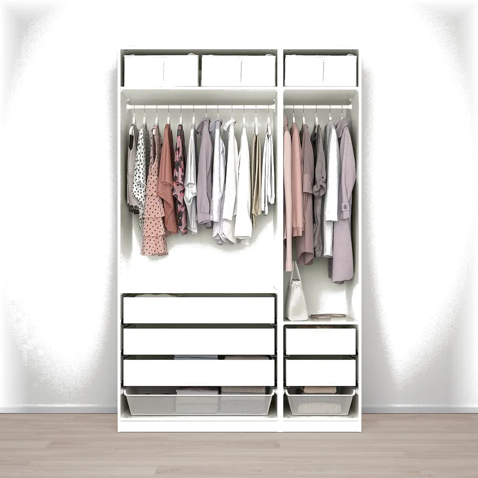 Modern white wardrobe with adjustable feet, slow-close doors, and storage baskets.