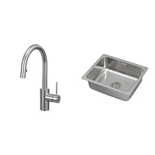 HILLESJÖN/SALLSJÖN set: inset sink, 1 bowl + kitchen mixer tap pull out, stainless steel colour + stainless steel, Height 370 mm