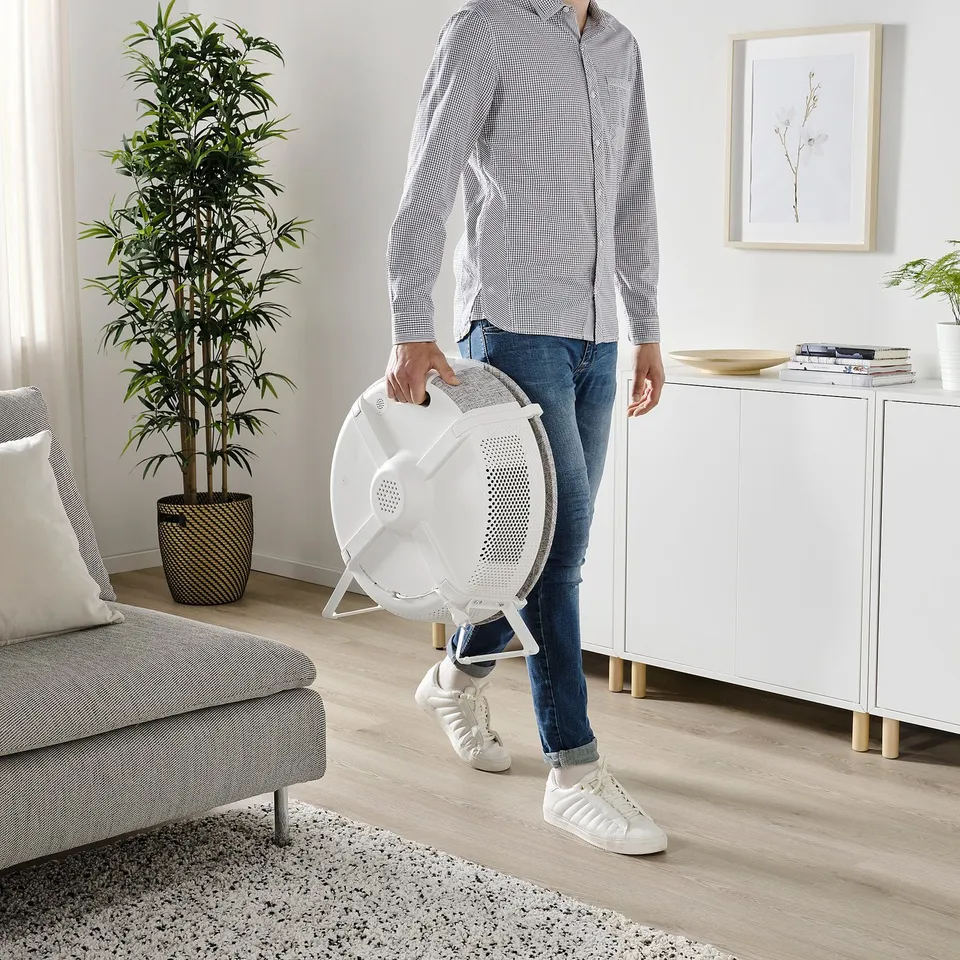 Person holding a white air purifier in a modern living room with a grey sofa, plants, and a sideboard.