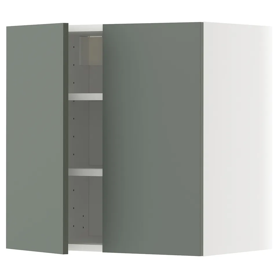 A gray-green METOD wall cabinet with an adjustable shelf and nickel hinges. Its part of the ikea kitchen system.