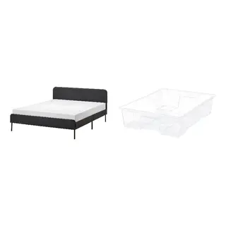 SAMLA/SLATTUM set: upholstered bed frame + box, Vissle dark grey + transparent, 150x200 cm