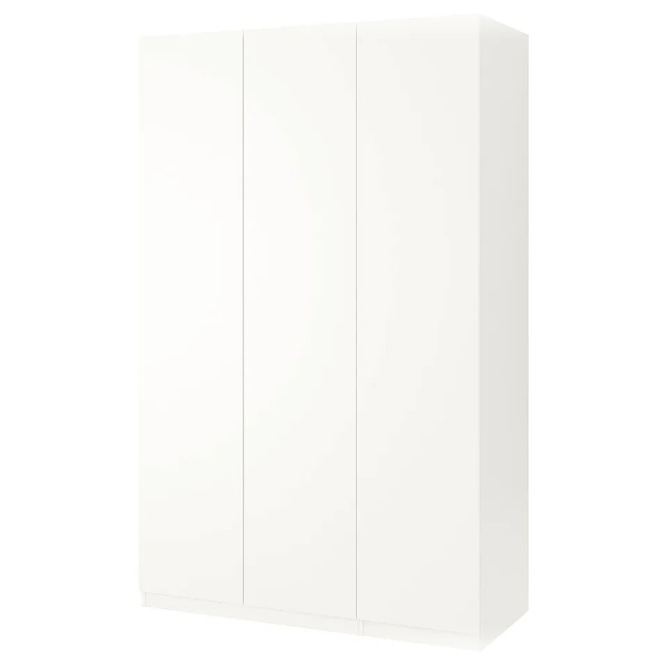 Image shows an ikea PAX wardrobe in white, rectangular shape. Simple, modern design with smooth surfaces.