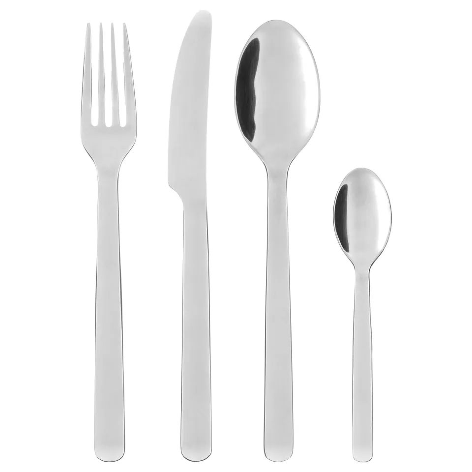 IKEA 365+ silver stainless steel cutlery set: fork, knife, large spoon, small spoon. Simple, clean design.