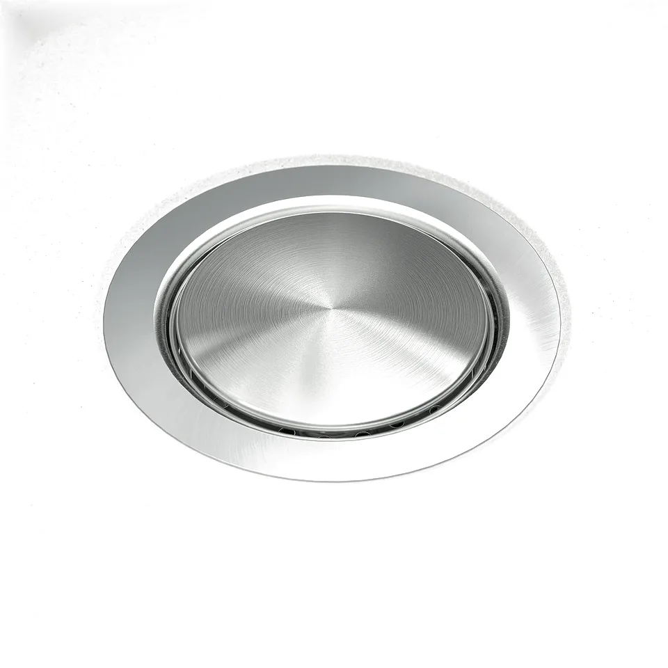 Silver sink in white, modern, sleek edges, reflective, durable.
