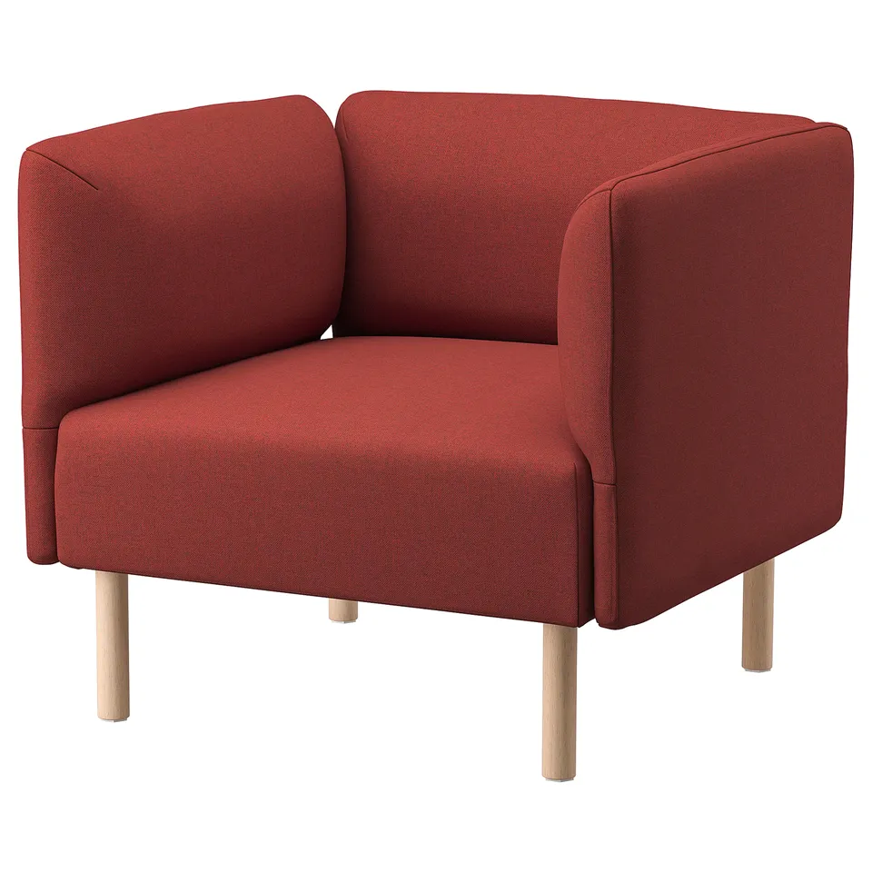 Red LILLEHEM chair, modern design, cubic shape with wooden legs, cosy fabric.