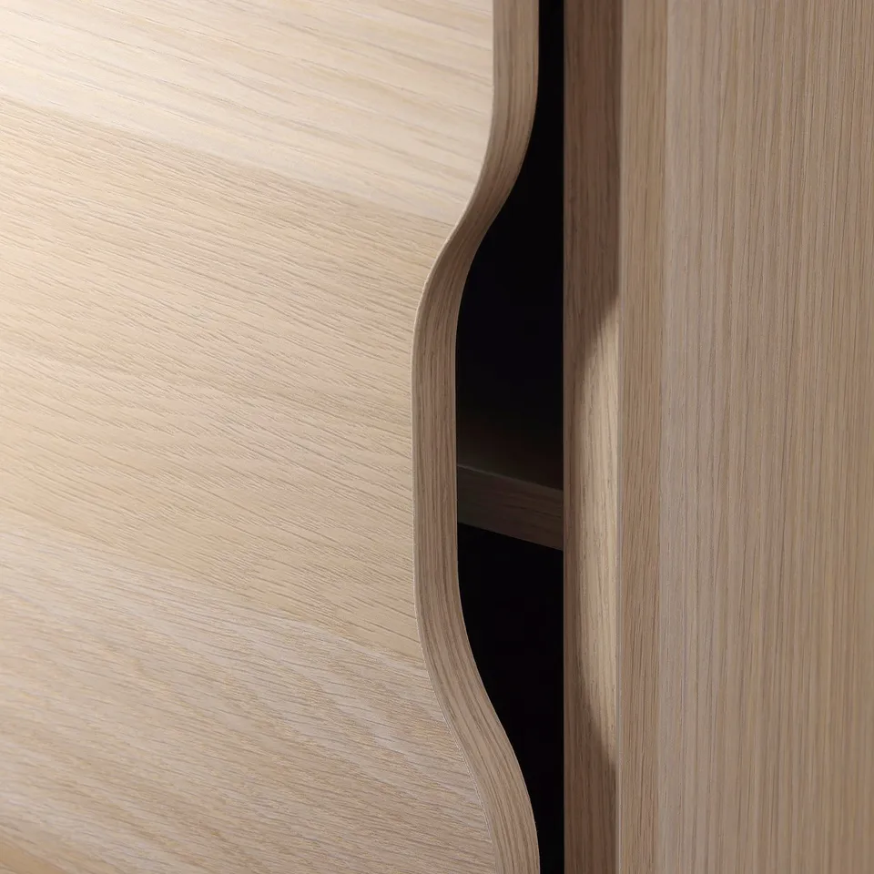 Sleek wooden cabinet door with smooth finish and stylish curves, part of ALEX storage unit.