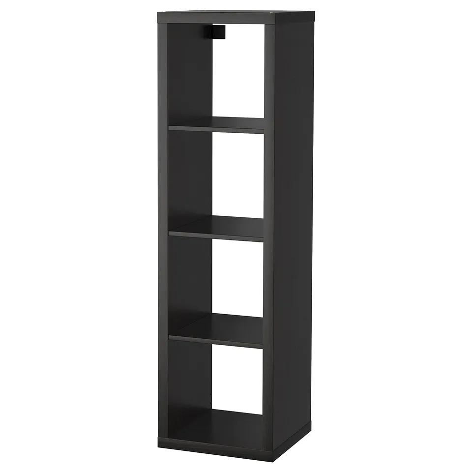 Black KALLAX bookshelf, rectangular, four open shelves, modern minimalist design.