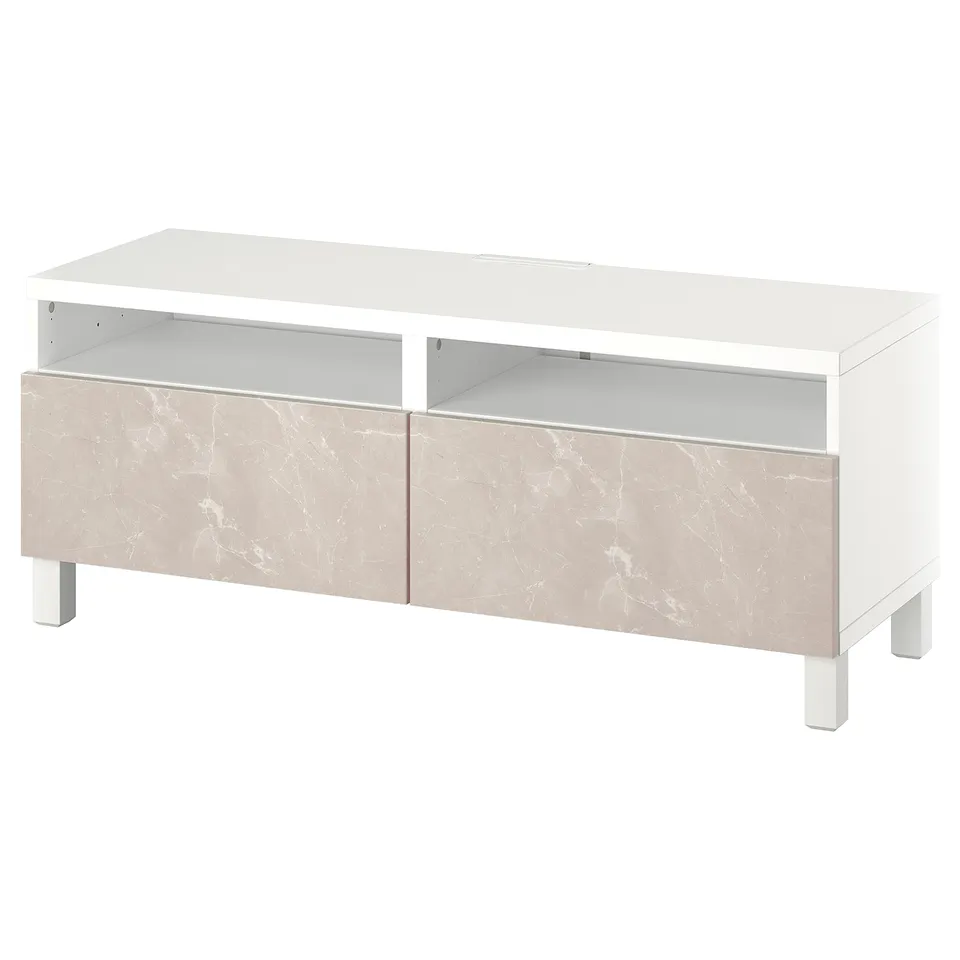 Modern white tv stand with marble-like drawers, rectangular shape, sleek design.