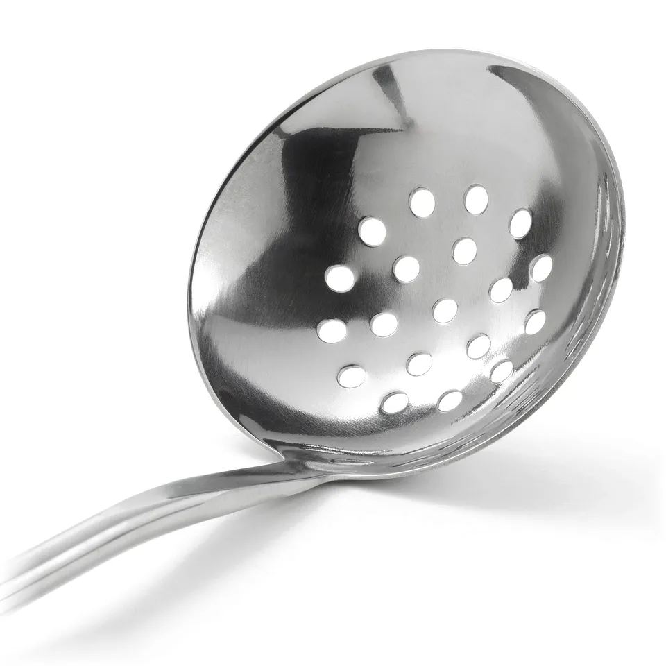 Stainless-steel skimmer with bowl, holes, sturdy handle for comfortable cooking.