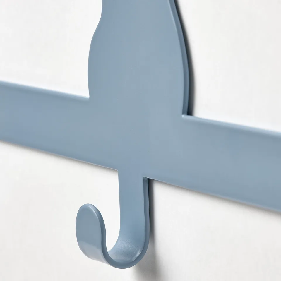Light blue curved metal hook. Smooth surface, rounded edges. Ideal for hanging items securely. Mounts easily on walls.