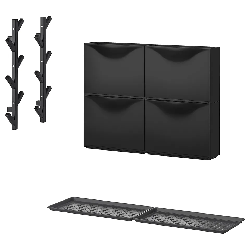 Black shoe cabinet, hangers, and mat set. Modern, rectangular design.