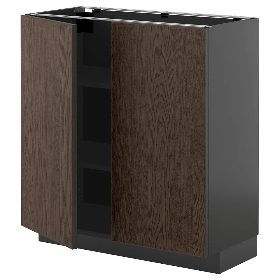 Modern kitchen cabinet, METOD, dark brown wood, grey frame, 2 doors, adjustable shelves.