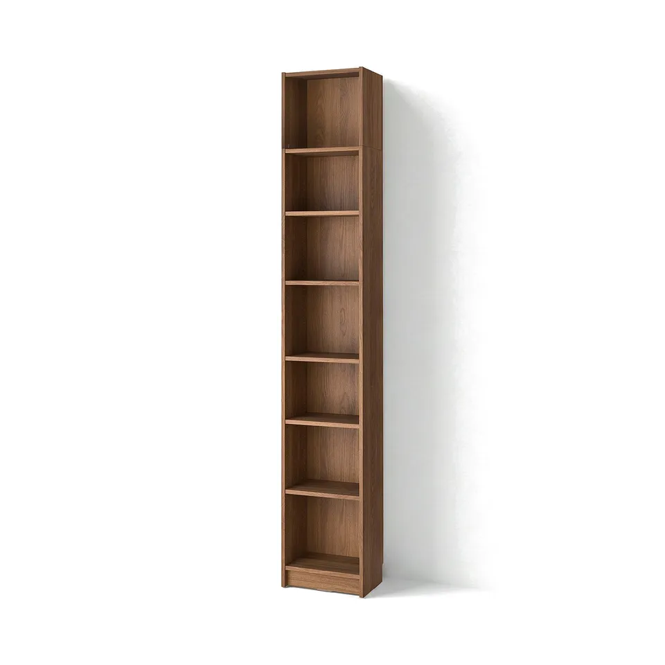 Tall brown BILLY bookcase with six empty shelves.