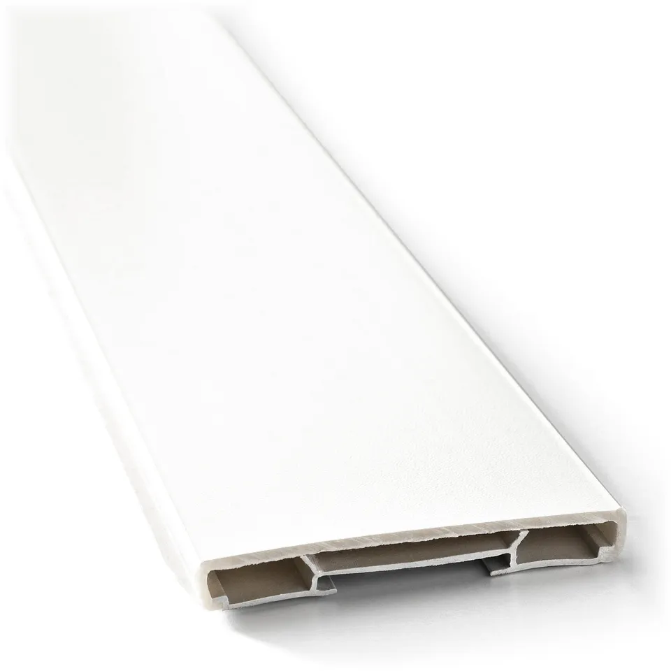 White plastic plinth trim, smooth finish, clean edges.