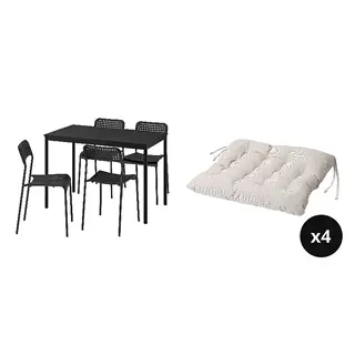 SANDSBERG/VIPPÄRT set: table and 4 chairs + chair pad x4, black black/black + beige, 110x67 cm