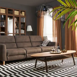 RULLERUM/STOCKHOLM 3-seat sofa w 2 electric recliners/Coffee table/Rug, Tornarp dark grey-brown + walnut veneer + handmade/striped black/off-white, Depth 94 x Height 98 x Width 259 cm