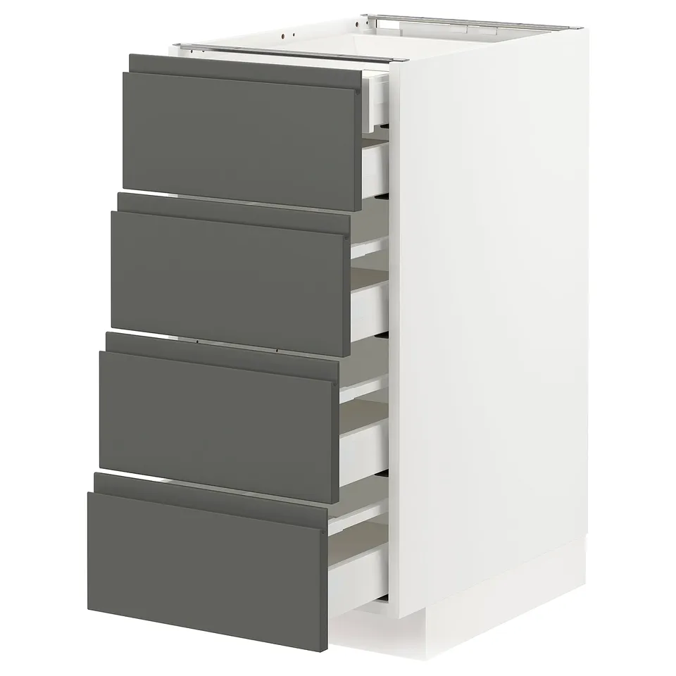 Modern grey and white kitchen cabinet unit with four drawers.