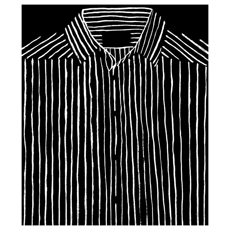 Black and white striped shirt poster with vertical lines, simple minimalist design.