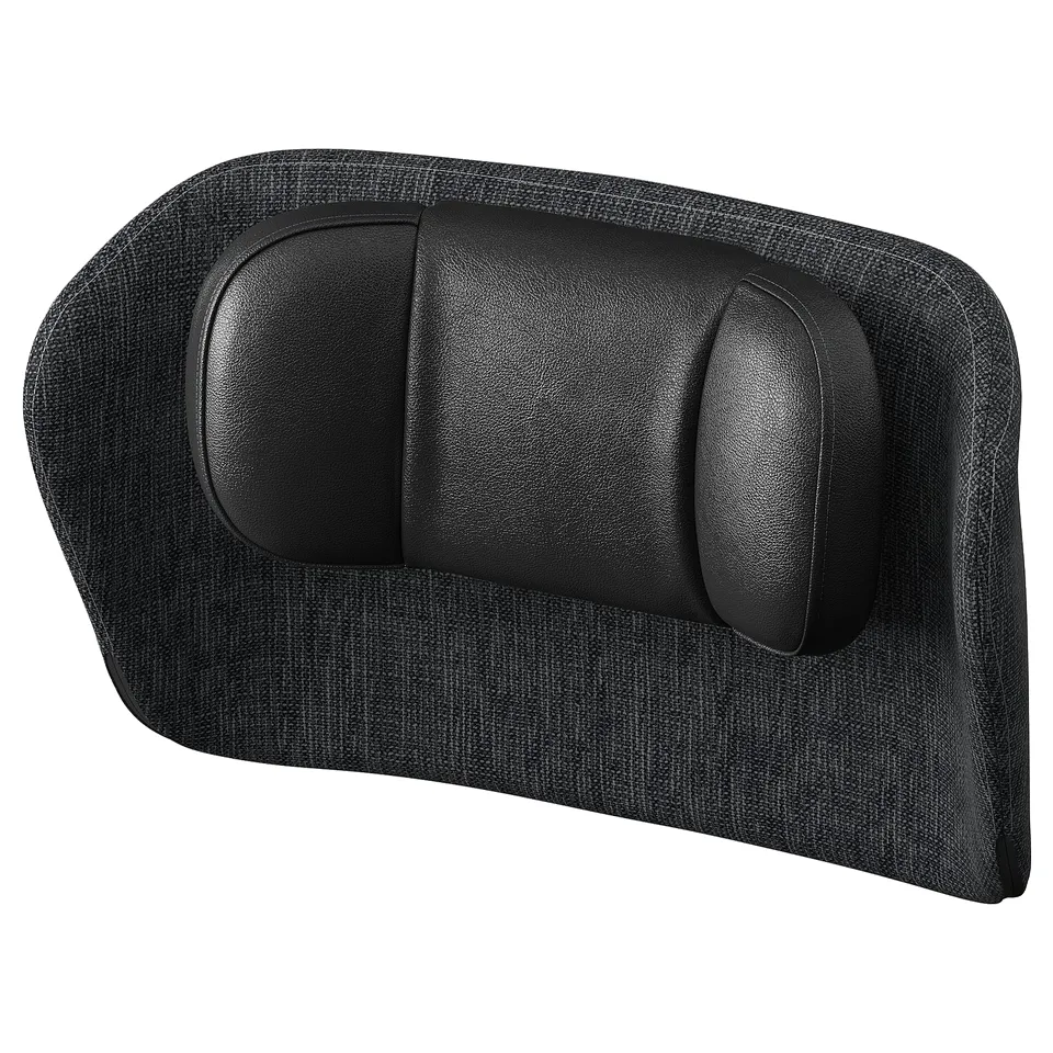 Black office chair lumbar support cushion with padded leather and mesh fabric design.