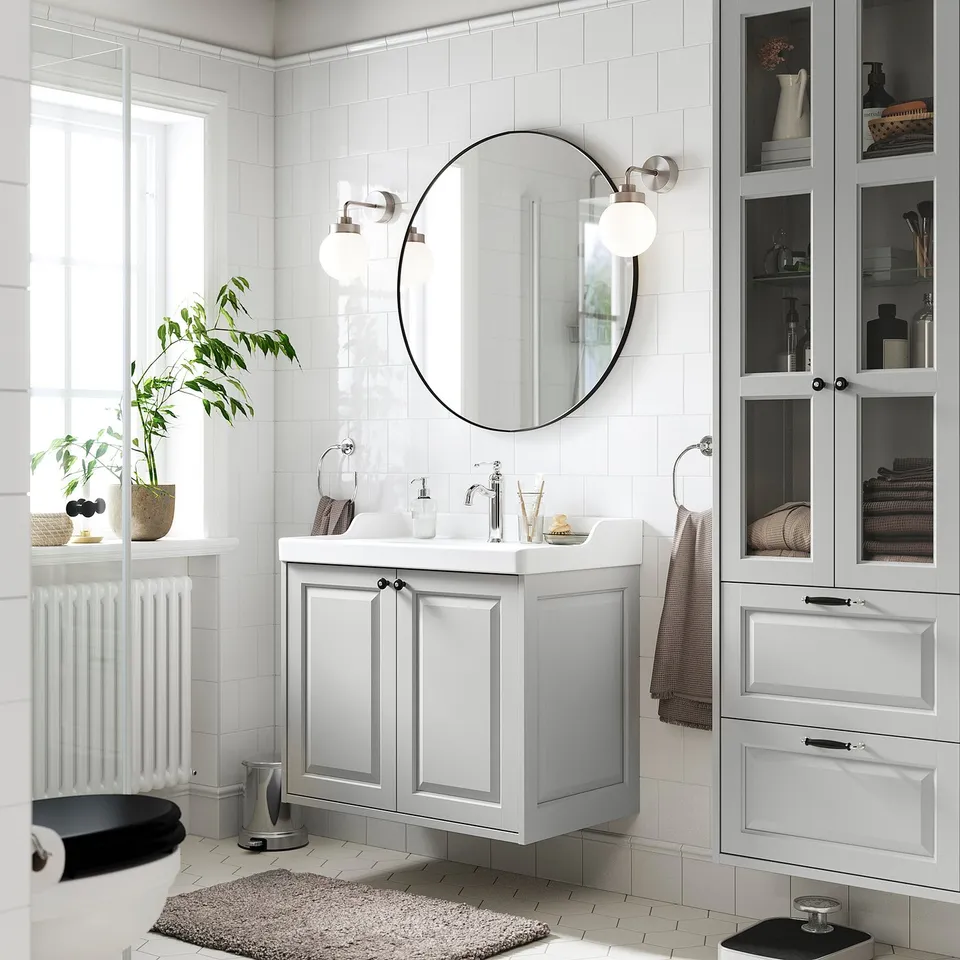 TÄNNFORSEN / RUTSJÖN Wash-stnd w doors/wash-basin, light grey, 82x49x74 cm