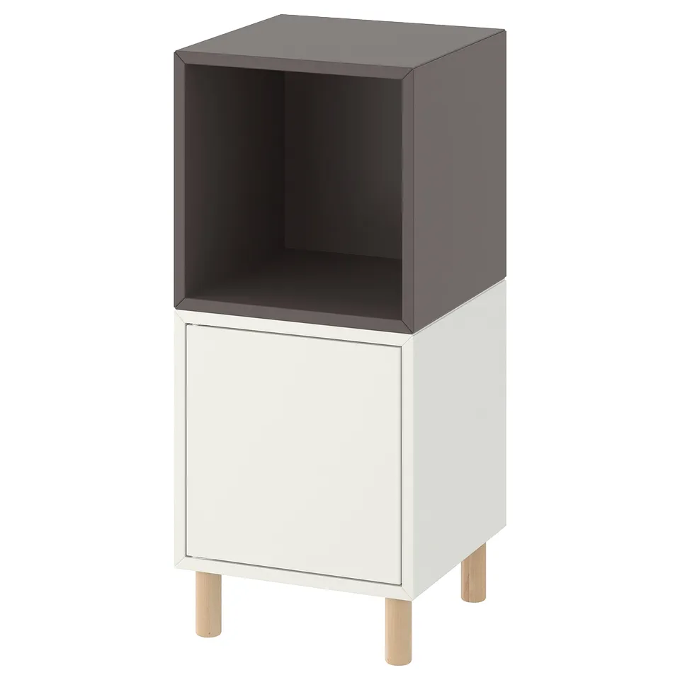 Modern EKET furniture - white & grey, square, two-tone, open & closed storage, light wood legs.