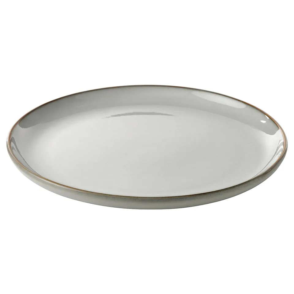 A round GLADELIG plate with a white and grey rim, stoneware material, smooth finish, and simple design.