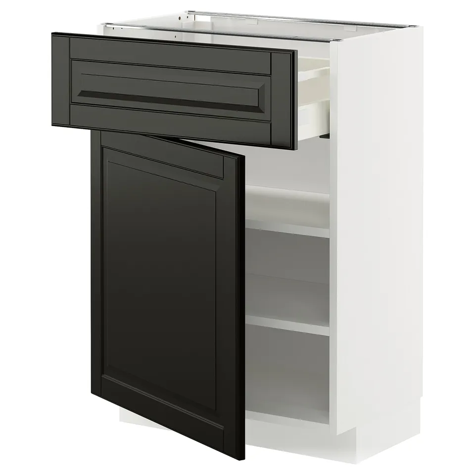 White METOD kitchen unit with black bodbyn drawer and door, bevelled edges.