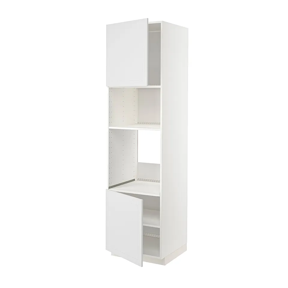 A white METOD kitchen cabinet with adjustable shelves and a door. Its tall, rectangular, and has a modern design with a 25-year guarantee.