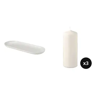 FENOMEN/TURTURDUVA set: candle dish + unscented pillar candle x3, off-white + natural, 45x17 cm
