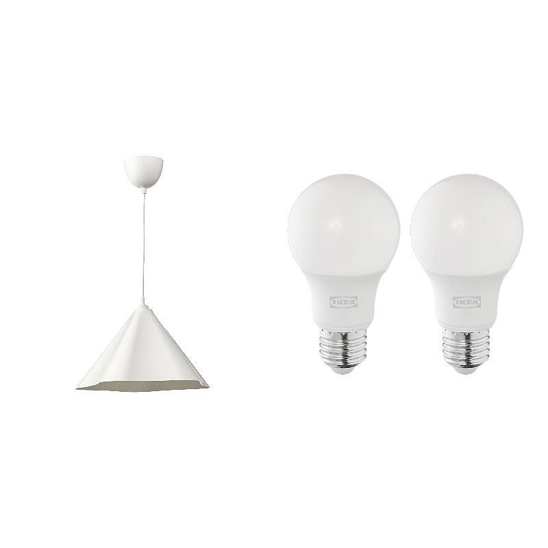 SOLHETTA/ZEBRASÄV set: pendant lamp + LED bulb E27 806 lumen, white/plastic + dimmable/globe opal white, 46 cm