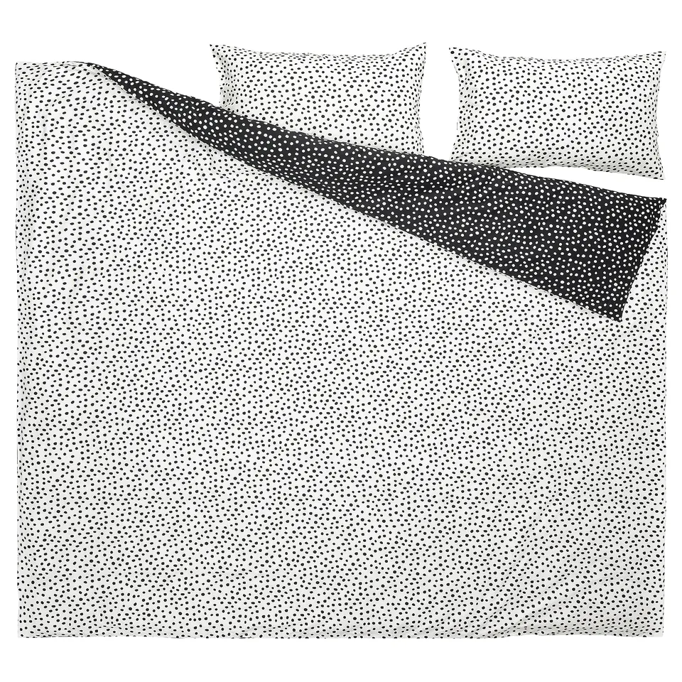 BJÖRKGRÅMAL bedding set: dotted white/black, soft cotton-blend, rectangular with 3 pillows.