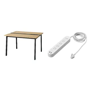 KOPPLA/MITTZON set: conference table + 4-way socket with 2 USB ports, oak veneer/black + white, Height 75 x Length 108 x Width 120 cm