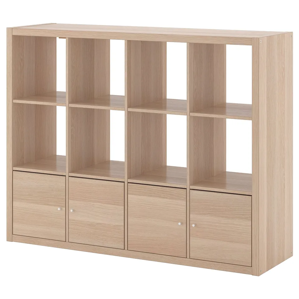 KALLAX shelf: light oak, 9 cubes, 3 drawers, minimalist.