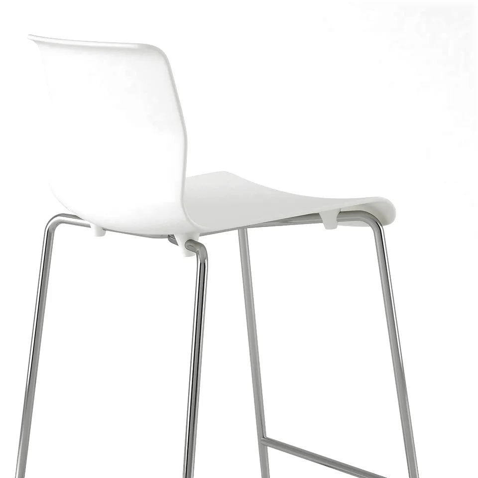 Modern white stool with sleek design. Chrome plated metal legs support curved seat and backrest. Suitable for stacking and space-saving.