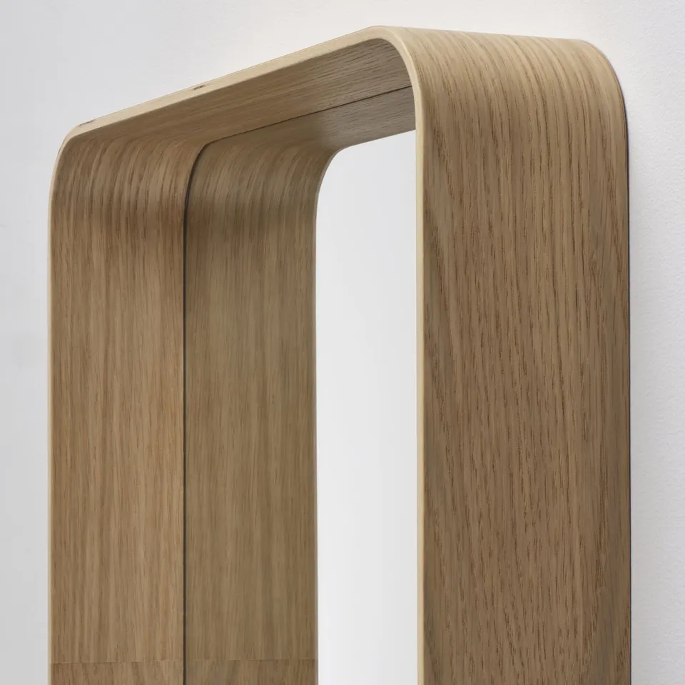 Modern wooden framed mirror with shelf, light oak finish.