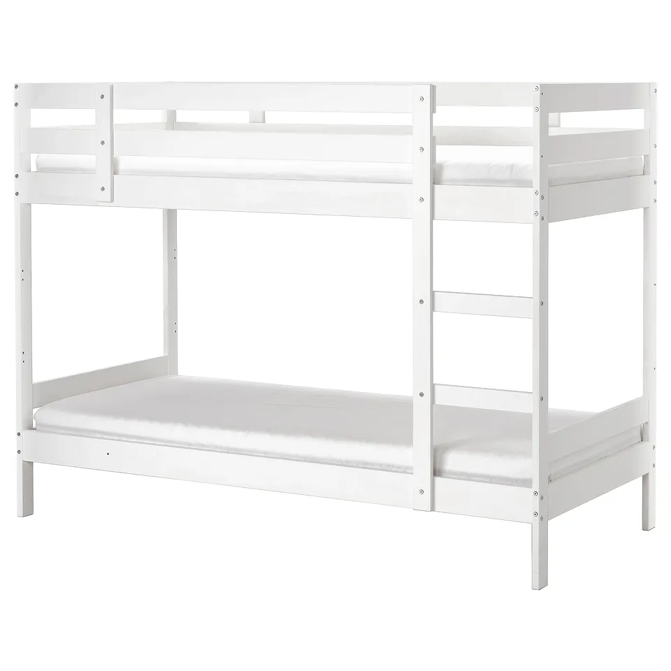 White wooden bunk bed, simple design, two beds stacked.