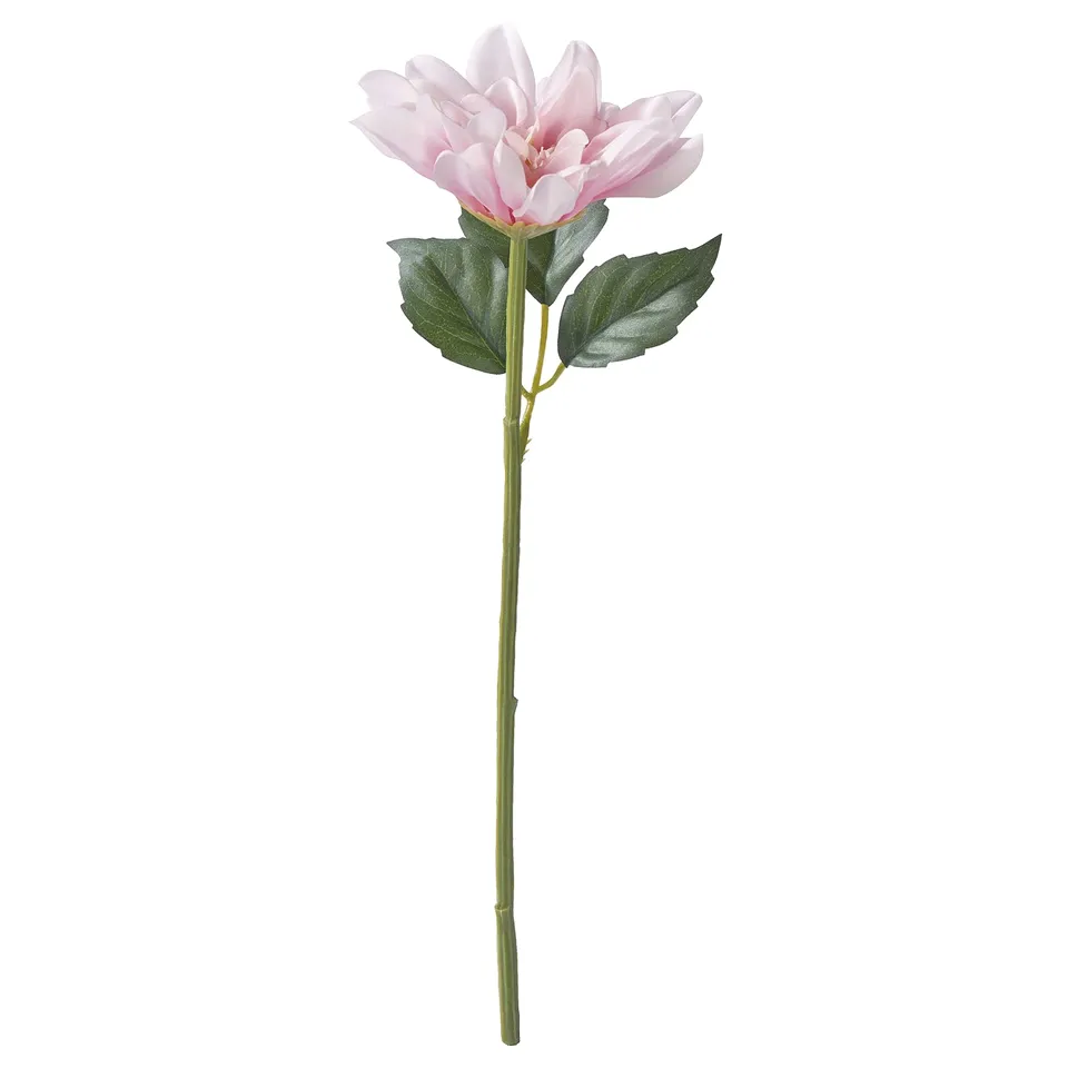 A light pink artificial dahlia flower with green leaves on a stem. Its made from recycled plastic and polyester.