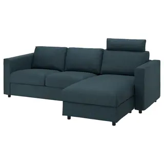 VIMLE 3-seat sofa, with chaise longue with headrest/Hillared dark blue, Width 252 x Depth 98 cm