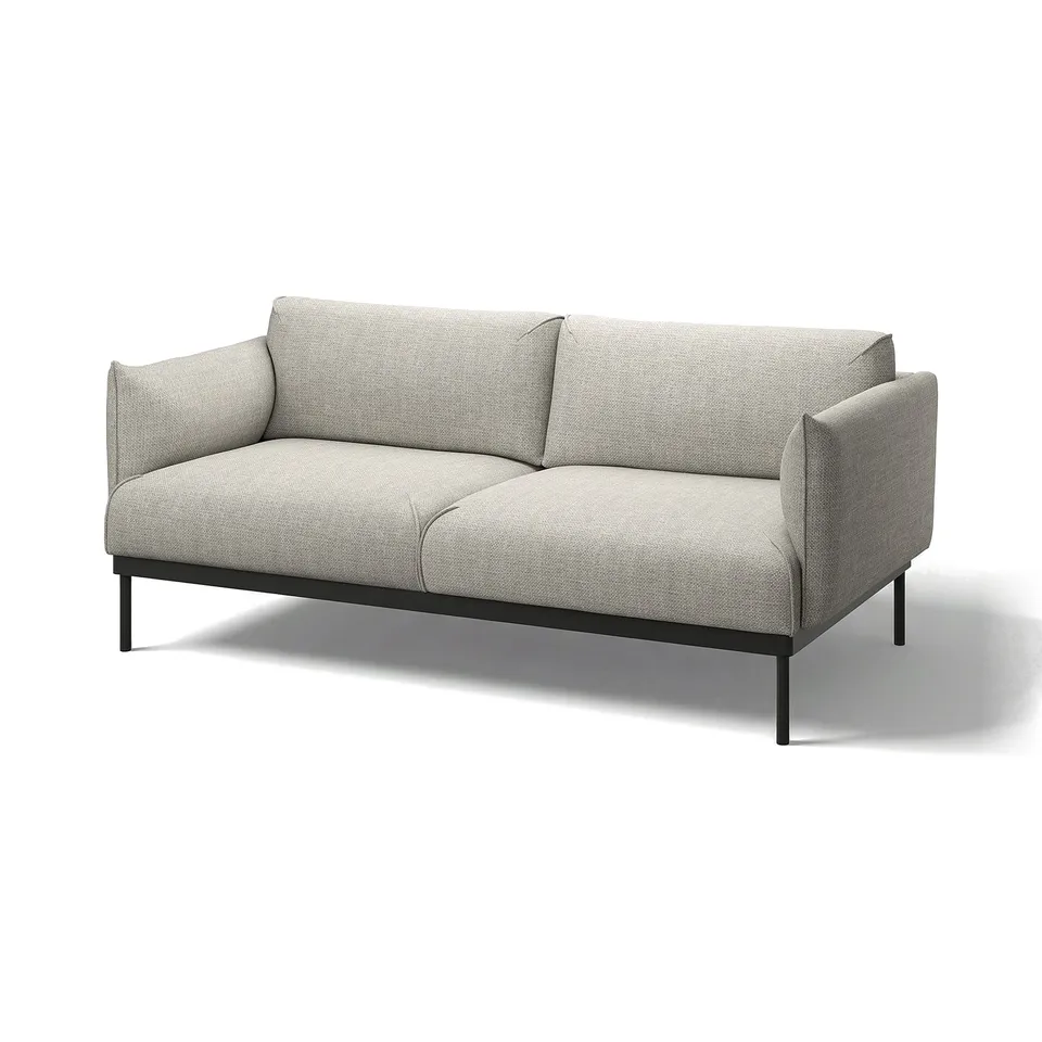 Modern grey sofa, sleek metal legs, plush cushions, minimalist design.