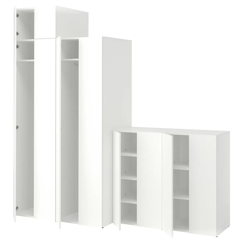 Modern minimalist wardrobe with shelves and hanging spaces.
