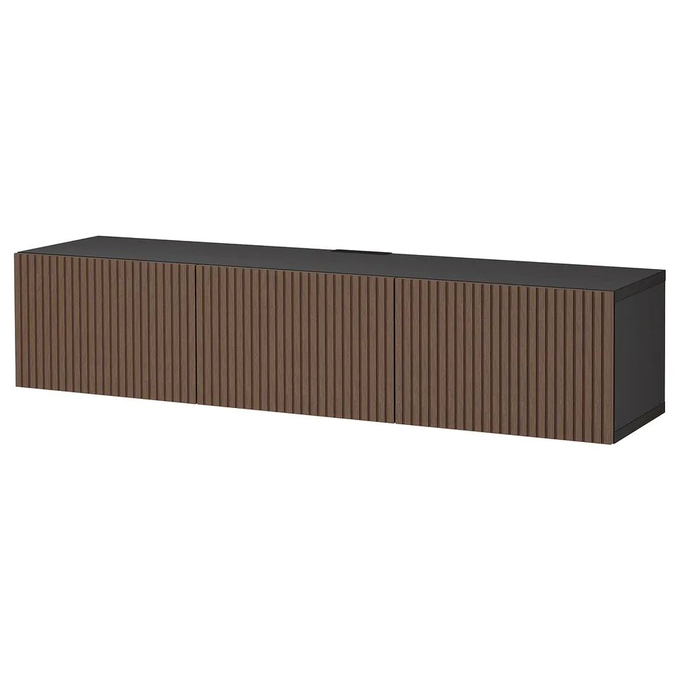 Modern BESTÅ tv bench, dark brown wood, rectangular, cable management.
