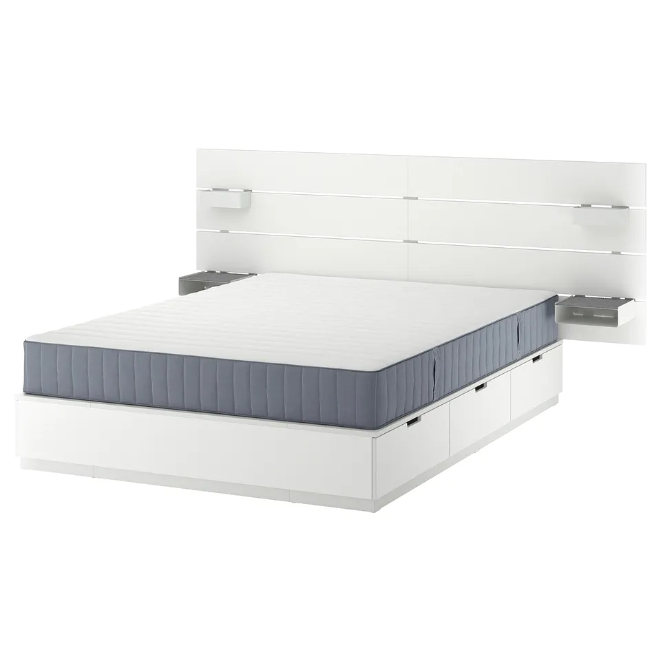 NORDLI white bed frame with grey drawers and headboard, modern, minimalist, 6 drawers.