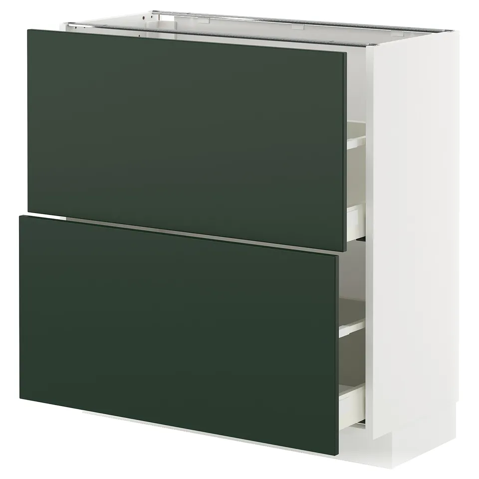 METOD kitchen cabinet in deep green with smooth drawers, white frame, modern design