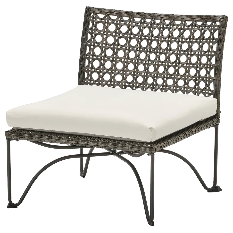 JUTHOLMEN outdoor chair, grey wicker, beige cushion, curved design, modular sofa piece.