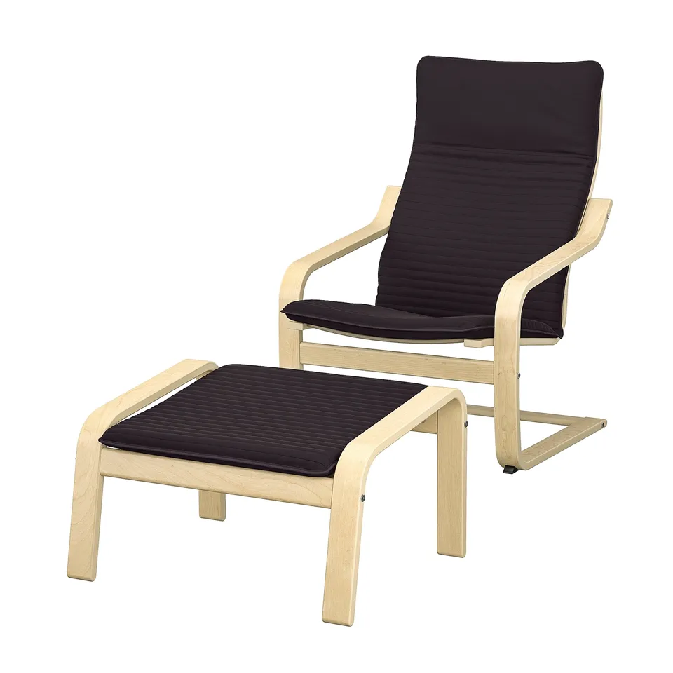 POÄNG chair & ottoman, black cushions, light wood frame, curved design, comfortable seating.