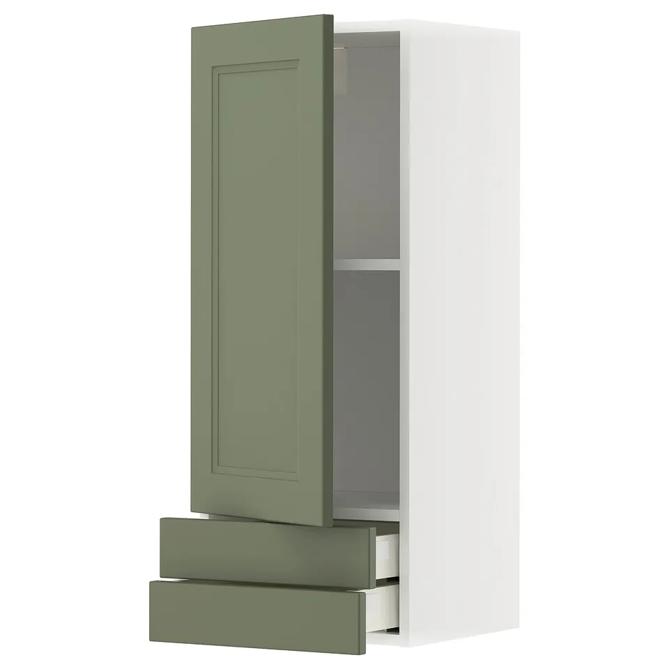 METOD kitchen unit with olive-green axstad doors, featuring two drawers, shelves, and a cabinet. Modern and functional design.
