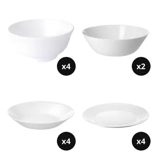 OFTAST set: rice bowl x4 + serving bowl x2 + deep plate x4 + plate x4, white, 11 cm